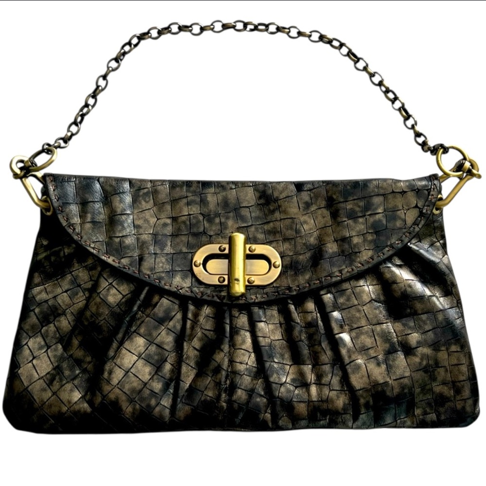 PER SE Vintage Clutch Embossed Leather Metal Chain Bag